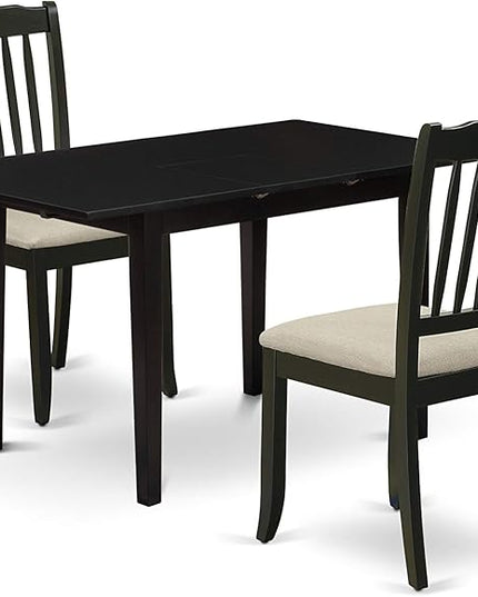 East West Furniture NODA3-BLK-C 3 Piece Dining Room Furniture Set Contains a Rectangle Wooden Table with Butterfly Leaf and 2 Linen Fabric Kitchen Dining Chairs, 32x54 Inch, Black - LeafyLoom