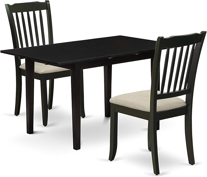 East West Furniture NODA3-BLK-C 3 Piece Dining Room Furniture Set Contains a Rectangle Wooden Table with Butterfly Leaf and 2 Linen Fabric Kitchen Dining Chairs, 32x54 Inch, Black - LeafyLoom