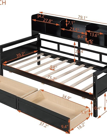 Merax Classic Twin Wooden Storage Daybed,Dual-use Sturdy Sofa Bed for Bedroom Living Room, Espresso - LeafyLoom