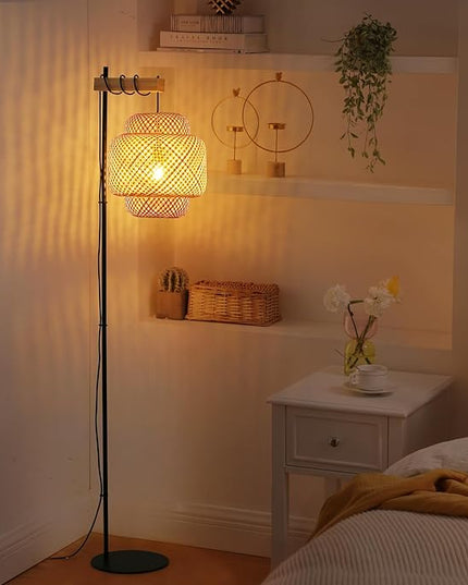 Rattan Floor Lamps-Bamboo 62inch Tall Standing Lighting Wicker Lantern Hanging Lamp E26 Fixture with Wooden Holder Industrial Metal Black Floor Lights for Living Room,Dinner Room - LeafyLoom