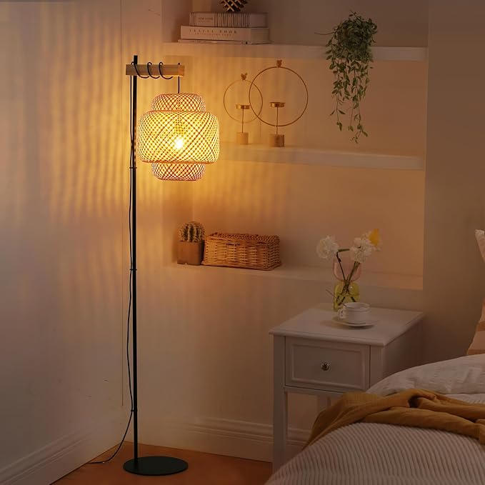 Rattan Floor Lamps-Bamboo 62inch Tall Standing Lighting Wicker Lantern Hanging Lamp E26 Fixture with Wooden Holder Industrial Metal Black Floor Lights for Living Room,Dinner Room - LeafyLoom