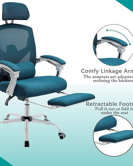 edx Ergonomic Office Chair, Reclining High Back Mesh Chair, Computer Desk Chair, Swivel Rolling Home Task Chair with Lumbar Support Pillow, Adjustable Headrest, Retractable Footrest and Armrests - LeafyLoom