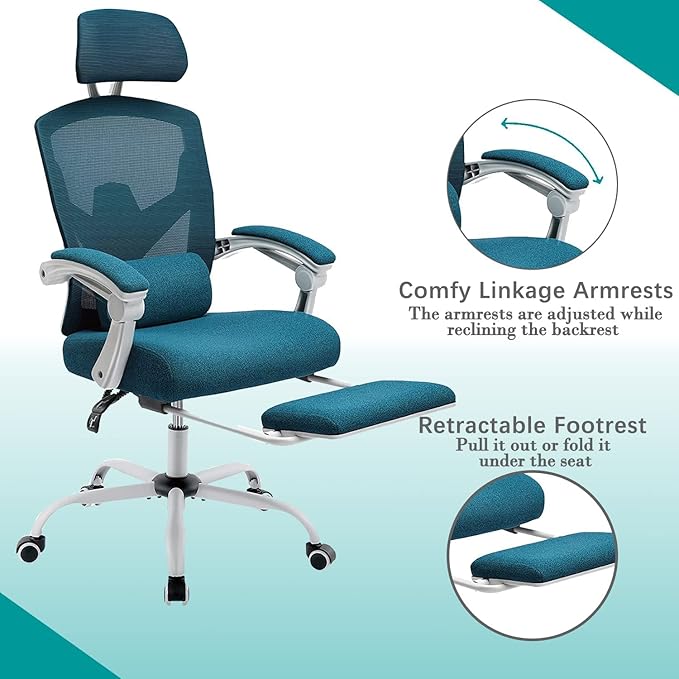 edx Ergonomic Office Chair, Reclining High Back Mesh Chair, Computer Desk Chair, Swivel Rolling Home Task Chair with Lumbar Support Pillow, Adjustable Headrest, Retractable Footrest and Armrests - LeafyLoom
