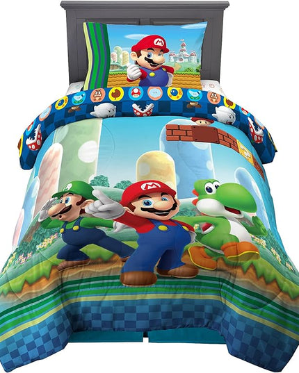 Franco Kids Bedding Super Soft Comforter and Sheet Set, 4 Piece Twin Size, Mario - LeafyLoom