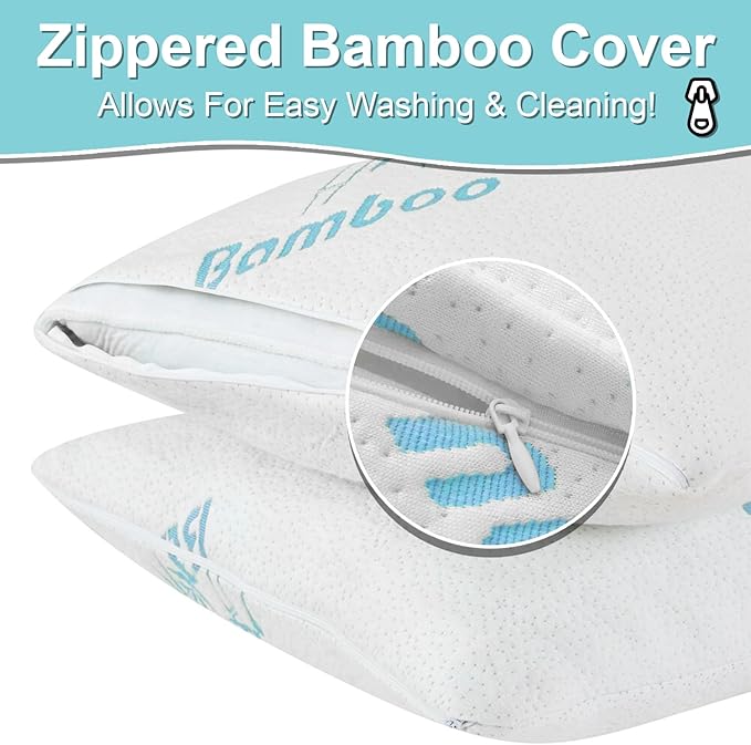 Cool Rayon of Bamboo Pillows 2 Pack King Size (20"x36") for Sleeping, Soft Shredded Adjustable Memory Foam Washable Zippered Breathable Cover, Relieves Neck Pain Asthma for Back/Stomach/Side Sleeper - LeafyLoom