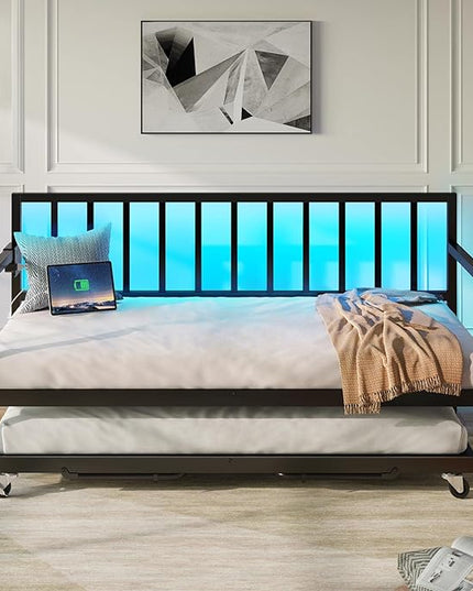 Rolanstar Daybed with Charging Station and LED Lights, Height Adjustable Twin Daybed with Trundle, Metal Sofa Bed Frame with Steel Slat Support for Living Room, Bedroom and Guest Room, Black - LeafyLoom