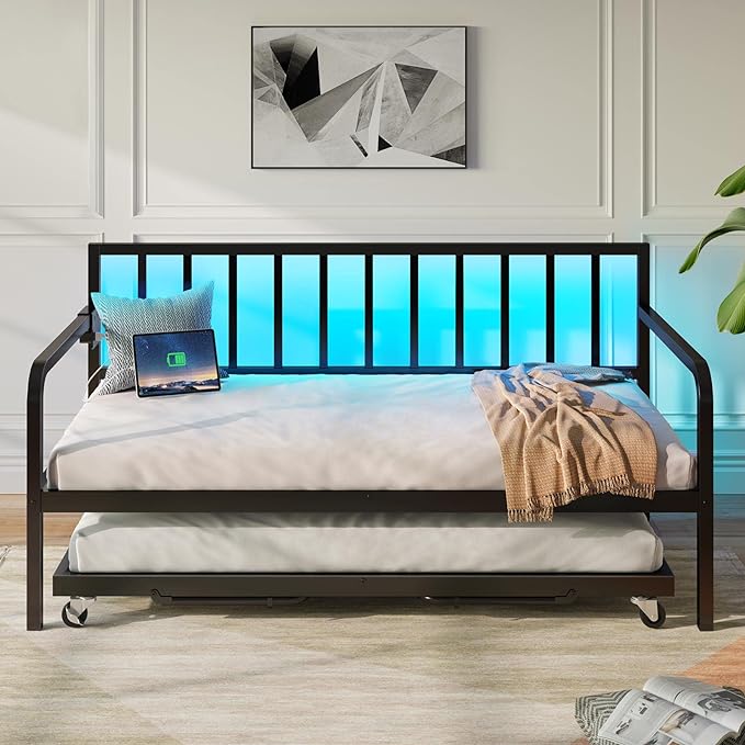 Rolanstar Daybed with Charging Station and LED Lights, Height Adjustable Twin Daybed with Trundle, Metal Sofa Bed Frame with Steel Slat Support for Living Room, Bedroom and Guest Room, Black - LeafyLoom