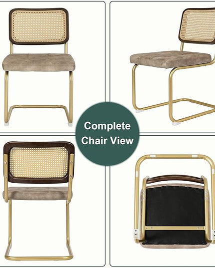 Mid Century Modern Dining Chairs Set of 2, Rattan Cantilever Kitchen Chairs, Dining Room Chairs Light Brown Upholstered, Solid Wood Cane Back, Gold Stainless Chrome Base Heavy Duty - LeafyLoom