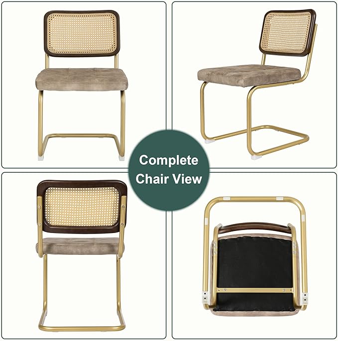 Mid Century Modern Dining Chairs Set of 2, Rattan Cantilever Kitchen Chairs, Dining Room Chairs Light Brown Upholstered, Solid Wood Cane Back, Gold Stainless Chrome Base Heavy Duty - LeafyLoom