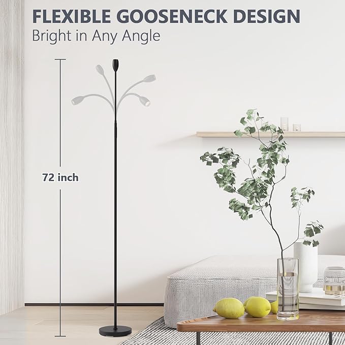 Reading Floor Lamp, 72" Tall LED Lamp with Flexible Gooseneck, Dimmable Zoomable Spotlight, Adjustable Color Beam Standing Lamp, Touch & Remote Control, Task Craft Bedroom Living Room, Matte Black - LeafyLoom