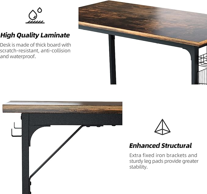 ASTARTH Study Computer Desk-47 Inch Home Office Desk, Wood Storage Table, Modern Writing Style Laptop Table, Black Metal Frame, PC Table with Storage Basket and Headphone Hooks, Rustic Brown - LeafyLoom