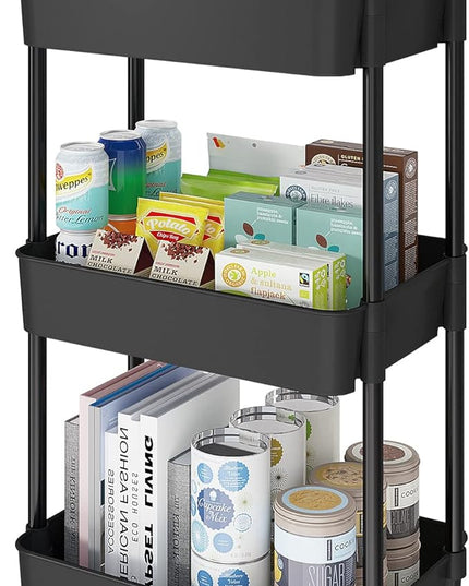3-Tier Kitchen Storage Cart,Multifunction Utility Rolling Storage Organizer,Mobile Shelving Unit Cart with Lockable Wheels for Bathroom,Laundry,Living Room,With Classified Stickers,Black - LeafyLoom