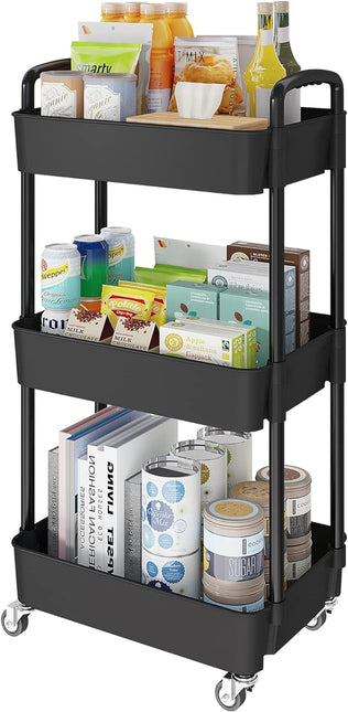 3-Tier Kitchen Storage Cart,Multifunction Utility Rolling Storage Organizer,Mobile Shelving Unit Cart with Lockable Wheels for Bathroom,Laundry,Living Room,With Classified Stickers,Black - LeafyLoom