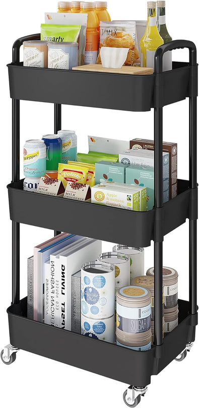 3-Tier Kitchen Storage Cart,Multifunction Utility Rolling Storage Organizer,Mobile Shelving Unit Cart with Lockable Wheels for Bathroom,Laundry,Living Room,With Classified Stickers,Black - LeafyLoom