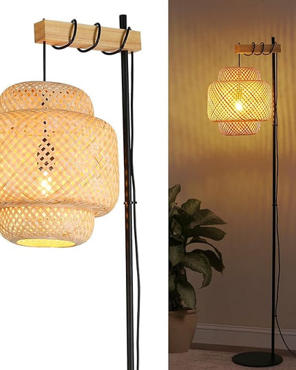 Unique Farmhouse Floor Lamp for Living room, Bedroom and Office, Original Handmade Bamboo Rattan Shade Tall Standing Light Black , Modern Vintage Rustic Rural Décor(No Bulbs) - LeafyLoom