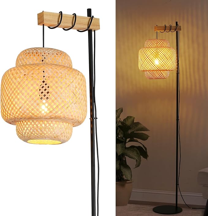 Unique Farmhouse Floor Lamp for Living room, Bedroom and Office, Original Handmade Bamboo Rattan Shade Tall Standing Light Black , Modern Vintage Rustic Rural Décor(No Bulbs) - LeafyLoom