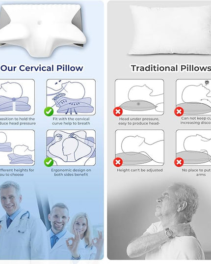 Cervical Pillow for Neck Pain Relief, Cooling Contour Memory Foam Pillows Support Odorless Ergonomic Neck Pillow Adjustable Orthopedic Bed Pillow for Side Back Stomach Sleeper with Pillowcase - LeafyLoom