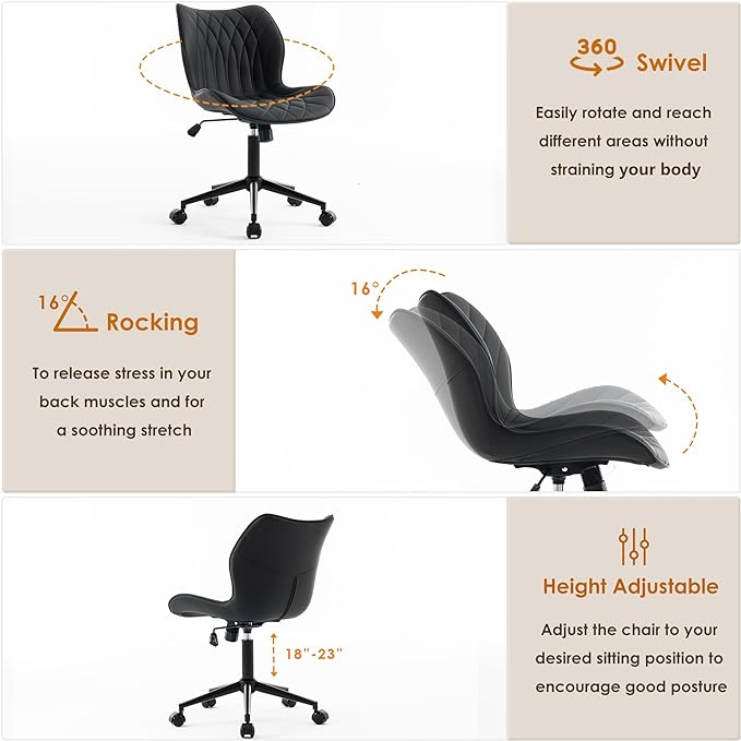 YOUNUOKE Office Desk Chair, Comfy Home Office Chairs, Small Comfortable Desk Chairs with Wheels, Armless PU Leather Chairs for Computer Conference, Black - LeafyLoom