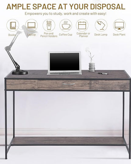 FurnitureR Vintage Wooden Computer Desk with Drawer, 43 Inches Industrial Writing Desk Workstation with Metal Legs and Bottom Shelf for Home Office, Brown - LeafyLoom