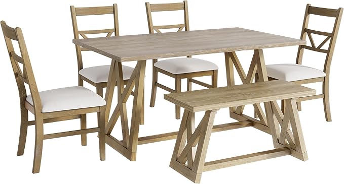 Merax Table Cross Legs, Kitchen Set with 4 Upholstered Dining Chairs and Solid Wood Bench, 6-Piece Farmhouse, Natural - LeafyLoom