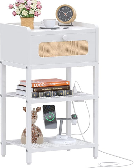 Night Stand, Side Table with Rattan Drawer, Nightstand with Charging Station, Industrial Bedside Table with 3-Tier Storage, White JET003CW1 - LeafyLoom