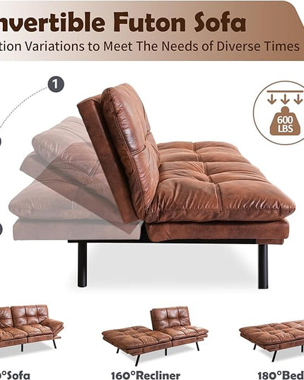 Futon Sofa Bed, Memory Foam Futon Sleeper Sofa Loveseat Convertible Couch Bed for Small Compact Living Spaces,Apartment,Brown Leather - LeafyLoom