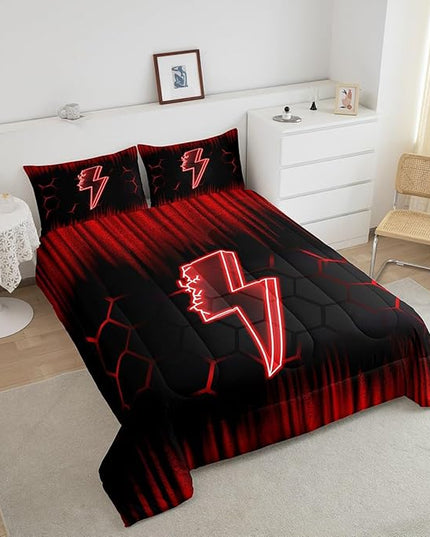 Feelyou Game Flash Bedding Set Queen Size Boys Girls Ombre Comforter Set for Kids Honeycomb Comforter Red Black Duvet Set Room Decor Quilt Set - LeafyLoom