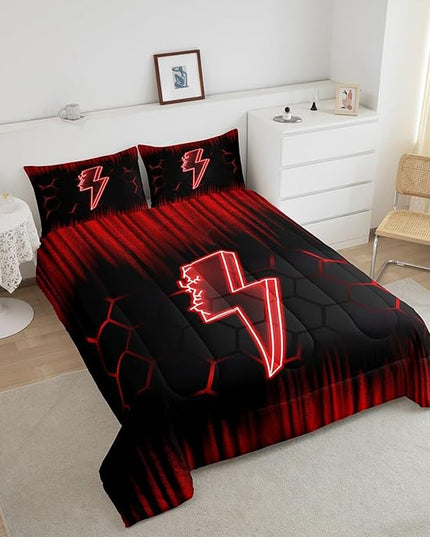 Feelyou Game Flash Bedding Set Twin Size Boys Girls Ombre Comforter Set for Kids Honeycomb Comforter Red Black Duvet Set Room Decor Quilt Set - LeafyLoom