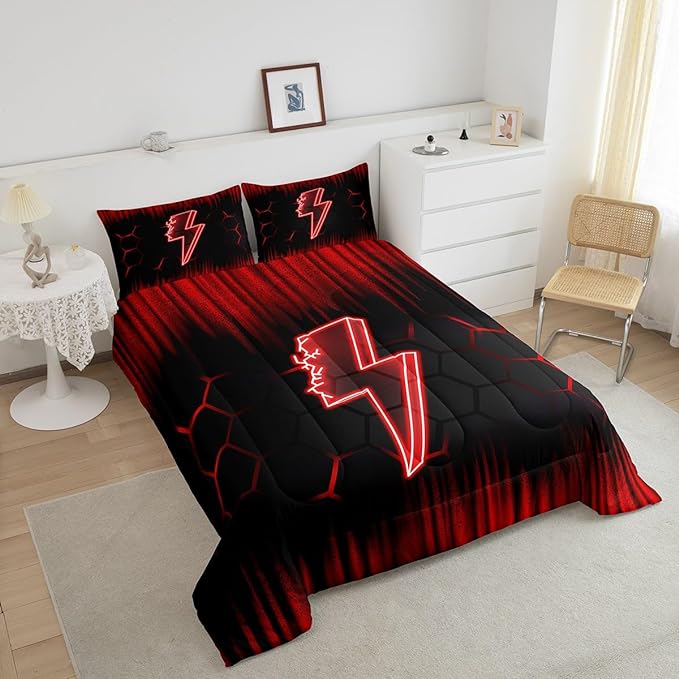 Feelyou Game Flash Bedding Set Twin Size Boys Girls Ombre Comforter Set for Kids Honeycomb Comforter Red Black Duvet Set Room Decor Quilt Set - LeafyLoom