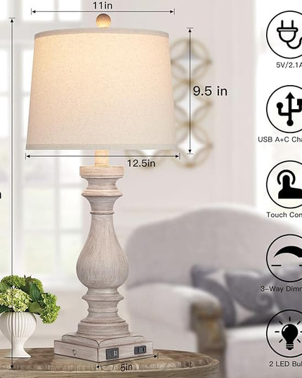 29" Tall Table Lamp for living room set of 2,Vintage Bedside Nightstand Lamps with USB C+A Ports & AC Outlet,3-Way Dimmable Touch Control White Washed Finish Desk Lamp for Bedroom,Color 2 - LeafyLoom