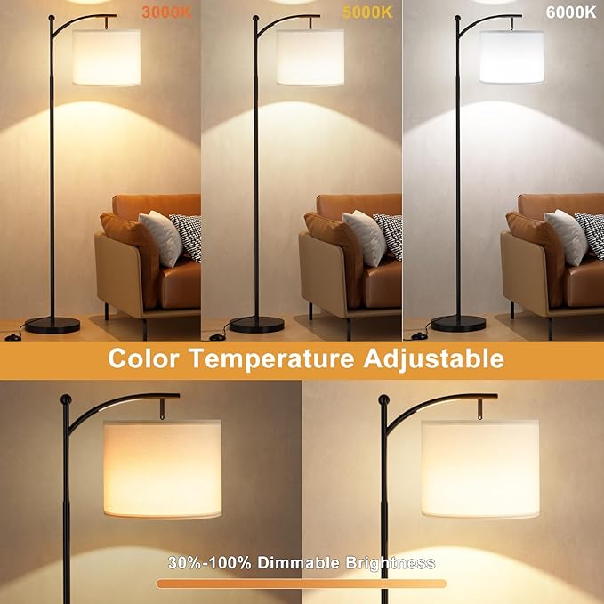 Ambimall Floor Lamp with Remote Control and Stepless Dimmable Bulb, Colors Temperature & Brightness Adjustable, Modern Floor Lamps for Living Room（White Shade & Black Pole） - LeafyLoom