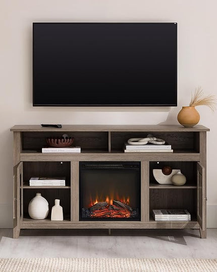 Walker Edison Glenwood Rustic Farmhouse Glass Door Highboy Fireplace TV Stand for TVs up to 65 Inches, 58 Inch, Driftwood - LeafyLoom