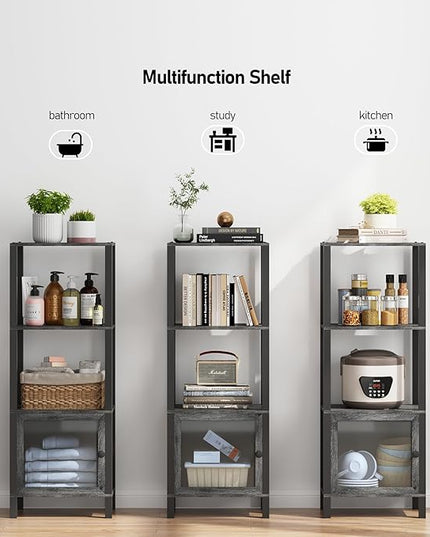 TUTOTAK 4 Tier Bookcase and Bookshelf, Narrow Book shelf with Door for Small Space, for Living Room, Office, Study, Entryway, Charcoal Grey BS03BY004 - LeafyLoom