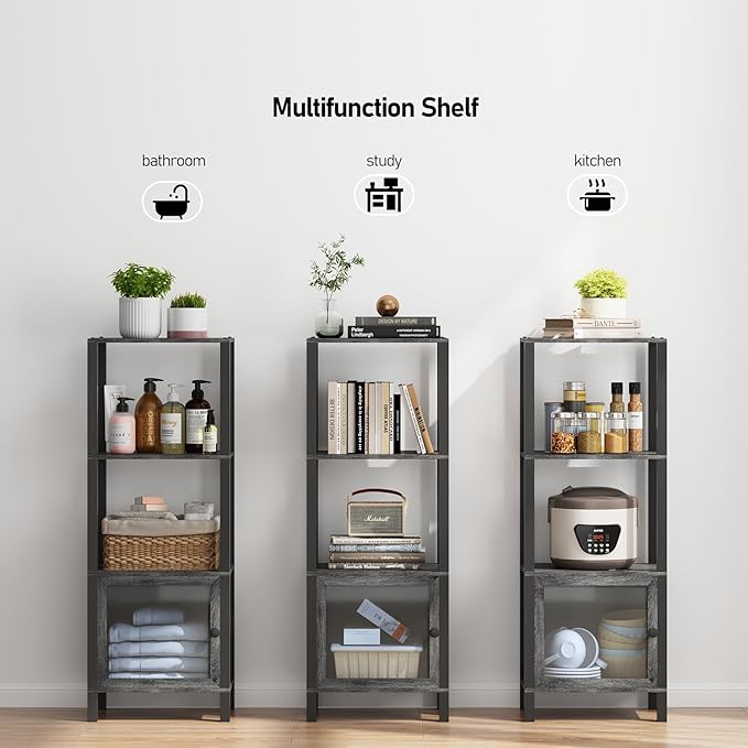 TUTOTAK 4 Tier Bookcase and Bookshelf, Narrow Book shelf with Door for Small Space, for Living Room, Office, Study, Entryway, Charcoal Grey BS03BY004 - LeafyLoom
