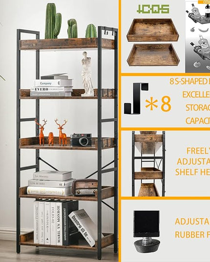 HCHQHS Adjustable 5 Tier Open Bookcase, Rustic Farmhouse Book Shelves, Industrial Wood and Black Metal Bookshelves, Mid Century Bookcase for Home Office Living Room Bedroom - LeafyLoom