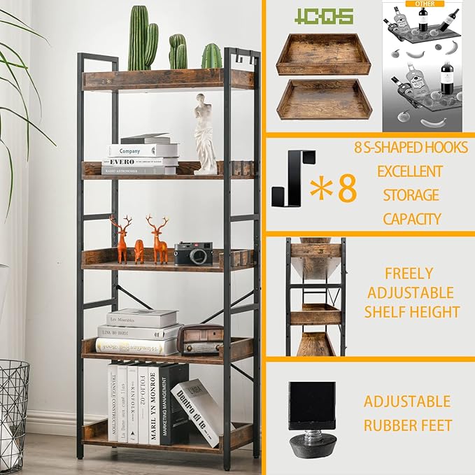 HCHQHS Adjustable 5 Tier Open Bookcase, Rustic Farmhouse Book Shelves, Industrial Wood and Black Metal Bookshelves, Mid Century Bookcase for Home Office Living Room Bedroom - LeafyLoom