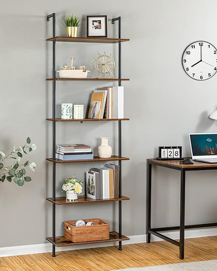 HOOBRO DIY Ladder Shelf, 6-Tier Wall Mounted Bookshelf, Office Vertical Bookcase, Wooden Storage Shelves for Home Office, Bedroom, Rustic Brown and Black BF65CJ01 - LeafyLoom