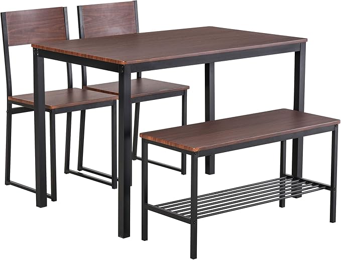 NicBex Dining Table for 4 Breakfast Nook Table Set Industrial 4 Piece Dining Room Table Set with Bench Wooden Kitchen Table and Chairs w/Storage Rack for Kitchen, Dinette, Rustic Brown - LeafyLoom