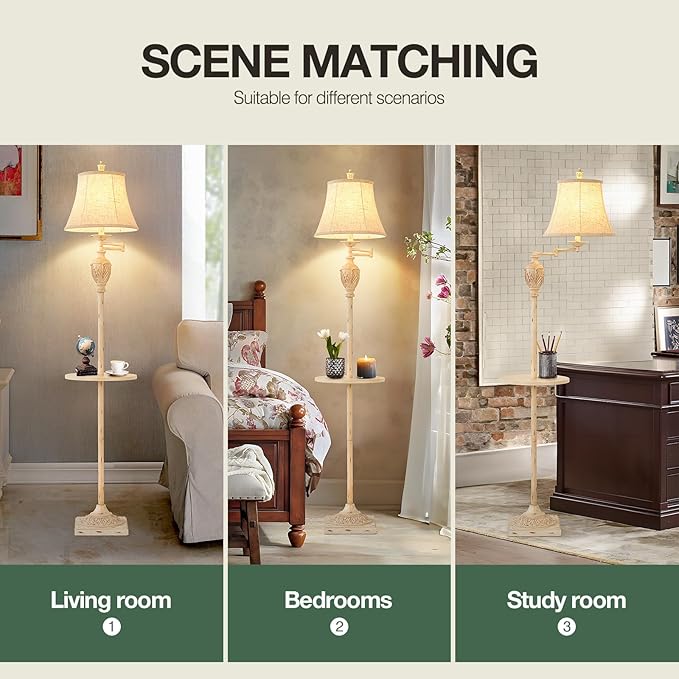 Traditional LED Floor Lamp with 350° Adjustable Swing Arm Lamp – Vintage Standing Pole lamp for Living Room, Bedroom and Office – Rustic Upright Floor Light for Home Décor with Silk Fabric Shade - LeafyLoom