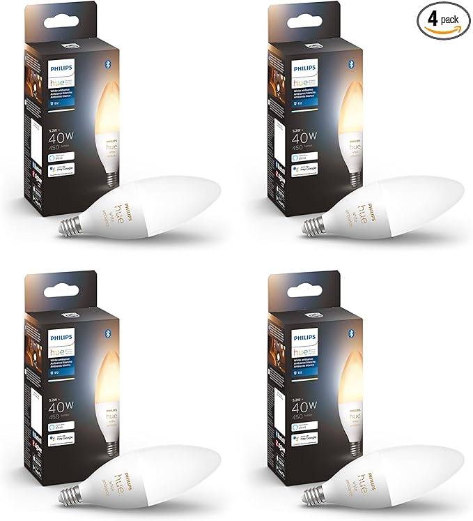 Philips Hue Smart 40W B39 Candle-Shaped LED Bulb - White Ambiance Warm-to-Cool White Light - 4 Pack - 450LM - E12 - Indoor - Control with Hue App - Works with Alexa Google Assistant and Apple Homekit PhilipsHue