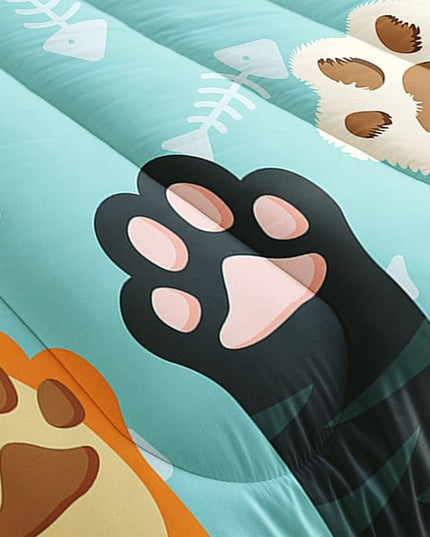 Datura home Cat Paws Comforter Bedding Set for Kids Teens,Cartoon Cat Paws and Fish Bones Pattern Lightweight Cyan Comforter with 2 Pillowcases,3pcs(Cat Paws Twin) - LeafyLoom