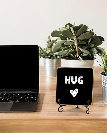Hug - Home Office Desk Decor Wood Plaque with Stand, Love You Gifts, Thinking of You Gifts for Women Friends Girlfriend Boyfriend Mom Sisters - A02 - LeafyLoom