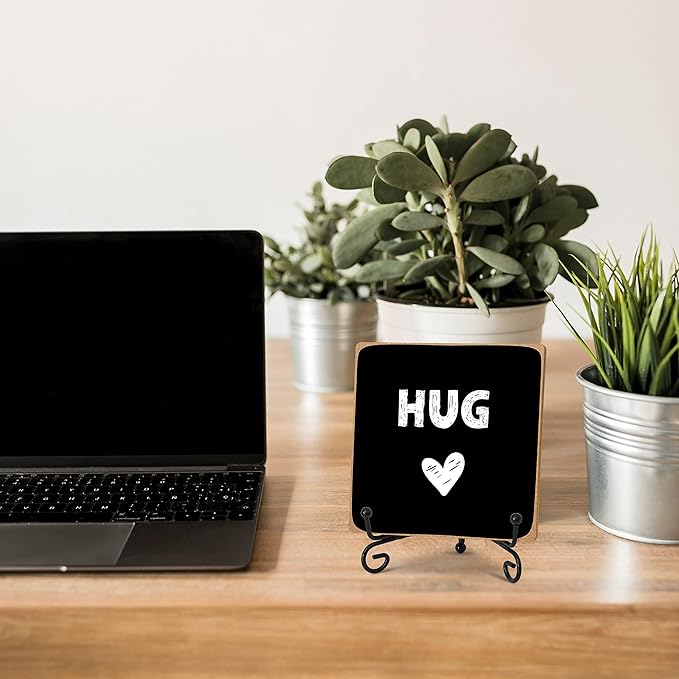 Hug - Home Office Desk Decor Wood Plaque with Stand, Love You Gifts, Thinking of You Gifts for Women Friends Girlfriend Boyfriend Mom Sisters - A02 - LeafyLoom