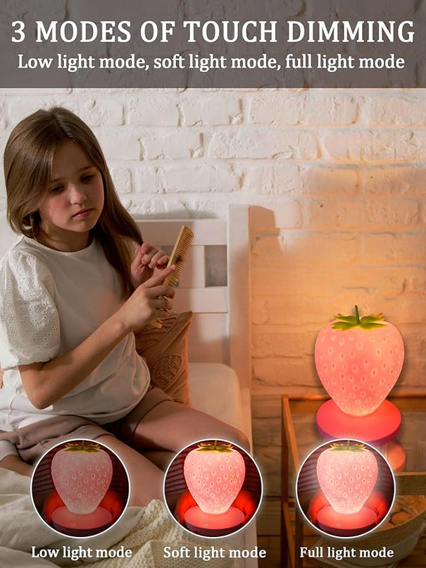 Strawberry Night Light,Cute Silicone Strawberry Lights Kawaii Room Decor,USB Rechargeable Bedside Lamp 3 Gear Touch Lighting,Cute Strawberry Gifts for Baby,Children, Toddlers,Teen Girls - LeafyLoom