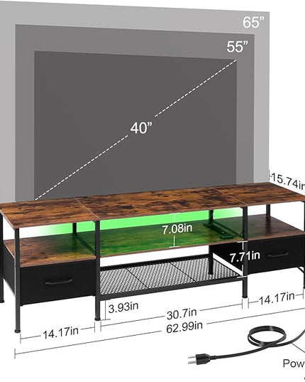 TV Stand for 50/55/60/65 inch TV, LED Entertainment Center with Charging Station, Long TV Table with Storage Drawer and Shelf, TV Console for Living Room Bedroom, Rustic Brown, HTS062BR - LeafyLoom