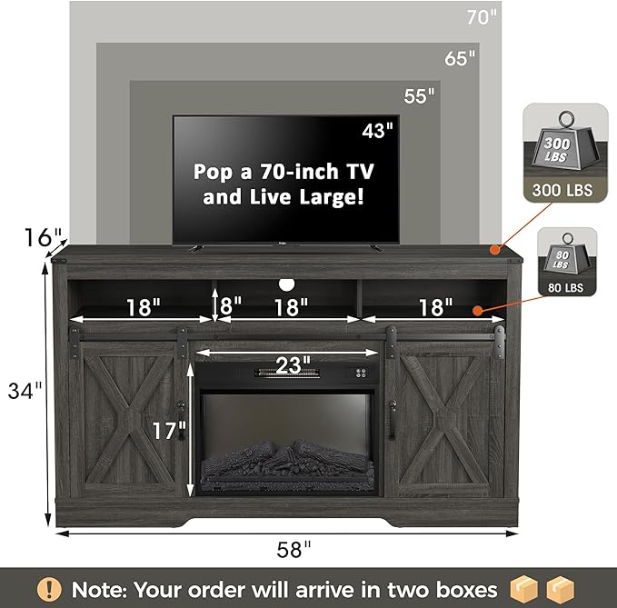 Farmhouse Fireplace TV Stand for 65+ Inch TV, Entertainment Center with 23" Electric Fireplace with Remote, Modern Rustic TV Console with Sliding Bar Door for Living Room, Dark Grey - LeafyLoom