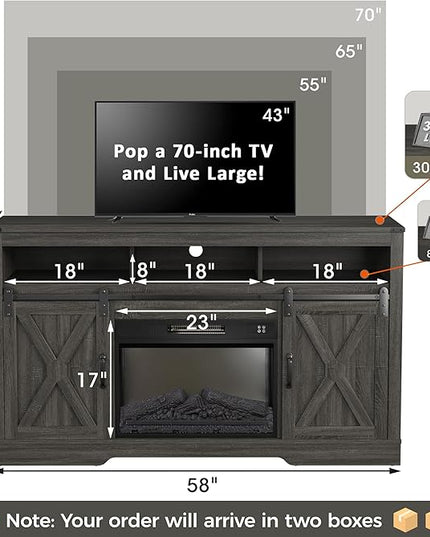 Fireplace TV Stand for 65+ Inch TV, Farmhouse Entertainment Center with 23" Electric Fireplace with Remote, Modern Rustic TV Console with Sliding Bar Door for Living Room,Dark Grey - LeafyLoom