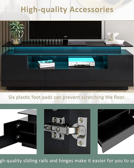 Modern Functional Stand with Color Changing LED Lights and Storage Space, High Gloss Television Cabinet for TVs Up to 75+'' for Living Room Furniture, 75 inch, Black - LeafyLoom