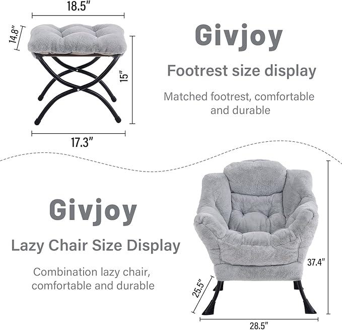 Plush Lazy Chair and Ottoman, Large Contemporary Accent Lounge Chair with Armrests and a Side Pocket, Modern Leisure Upholstered Sofa Reading Armchair with Footrest for Bedroom, Living Room - LeafyLoom