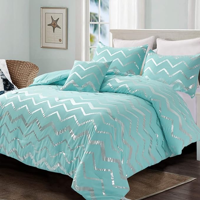 Aqua Comforter Set Twin Size, Metallic Teal and Silver Bedding Set, 3 Piece Lightweight Microfiber Comforter for Teen Girls Boys Women (1 Pillow Case + 1 Decorative Pillow Sham) - LeafyLoom